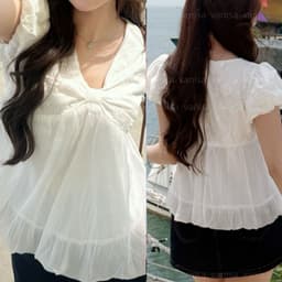 Áo Babydoll Nữ Trắng Cổ Tim Tay Bồng Dáng Bí Ngô Phối Tơ Tiểu Thư trắng hàn quốc VANISA NB158 3