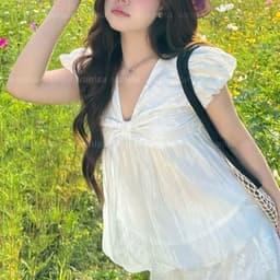Áo Babydoll Nữ Trắng Cổ Tim Tay Bồng Dáng Bí Ngô Phối Tơ Tiểu Thư trắng hàn quốc VANISA NB158 5