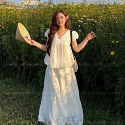 Áo Babydoll Nữ Trắng Cổ Tim Tay Bồng Dáng Bí Ngô Phối Tơ Tiểu Thư trắng hàn quốc VANISA NB158 8