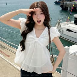 Áo Babydoll Trắng Tay Bồng Cổ Tim Phối Tơ Dáng Bí Phồng tiểu thư Nữ Tính hàng quốc VANISA NB158 8