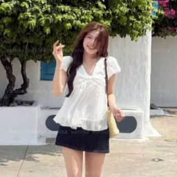 Áo Babydoll Nữ Cổ V Phối Tơ Tay Bồng Dáng Bí Ngô tiểu thư xinh màu trắng Sang Trọng VANISA NB158 3
