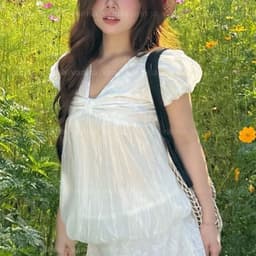Áo Babydoll Nữ Cổ V Phối Tơ Tay Bồng Dáng Bí Ngô tiểu thư xinh màu trắng Sang Trọng VANISA NB158 5