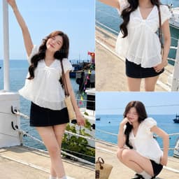 Áo Babydoll Nữ Cổ V Phối Tơ Tay Bồng Dáng Bí Ngô tiểu thư xinh màu trắng Sang Trọng VANISA NB158 9