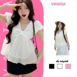 Áo Babydoll Nữ Trắng Cổ Tim Tay Bồng Dáng Bí Ngô Phối Tơ Tiểu Thư trắng hàn quốc VANISA NB158 1