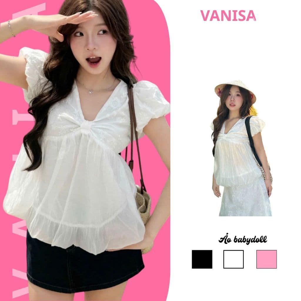 Áo Babydoll Nữ Trắng Cổ Tim Tay Bồng Dáng Bí Ngô Phối Tơ Tiểu Thư trắng hàn quốc VANISA NB158