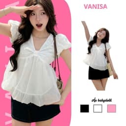 Áo Babydoll Trắng Tay Bồng Cổ Tim Phối Tơ Dáng Bí Phồng tiểu thư Nữ Tính hàng quốc VANISA NB158 1