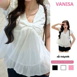 Áo Babydoll Nữ Cổ V Phối Tơ Tay Bồng Dáng Bí Ngô tiểu thư xinh màu trắng Sang Trọng VANISA NB158 1