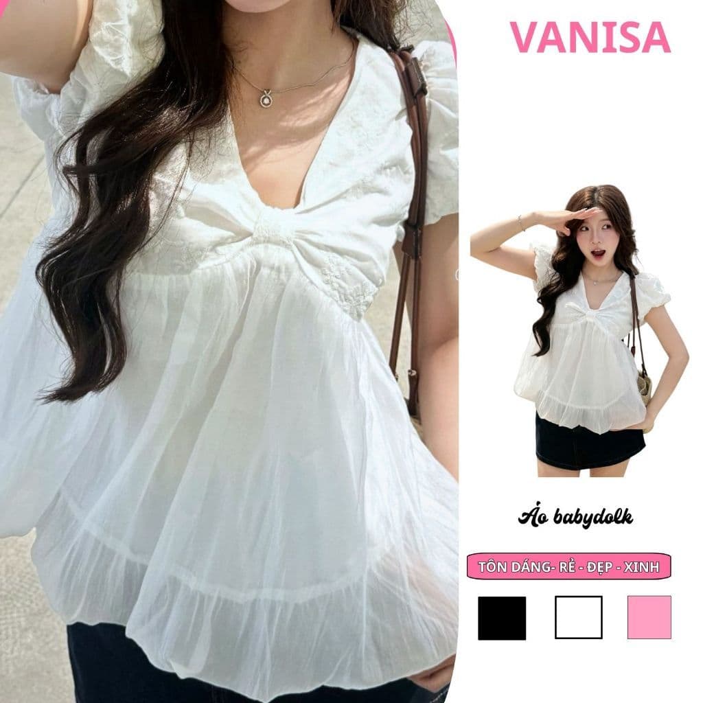 Áo Babydoll Nữ Cổ V Phối Tơ Tay Bồng Dáng Bí Ngô tiểu thư xinh màu trắng Sang Trọng VANISA NB158