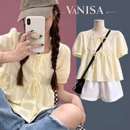 Áo Babydoll Nữ Vàng Pastel Cổ Tròn Thắt Nơ Tay Bồng Tiểu Thư trắng hàn quốc VANISA MA2091 1