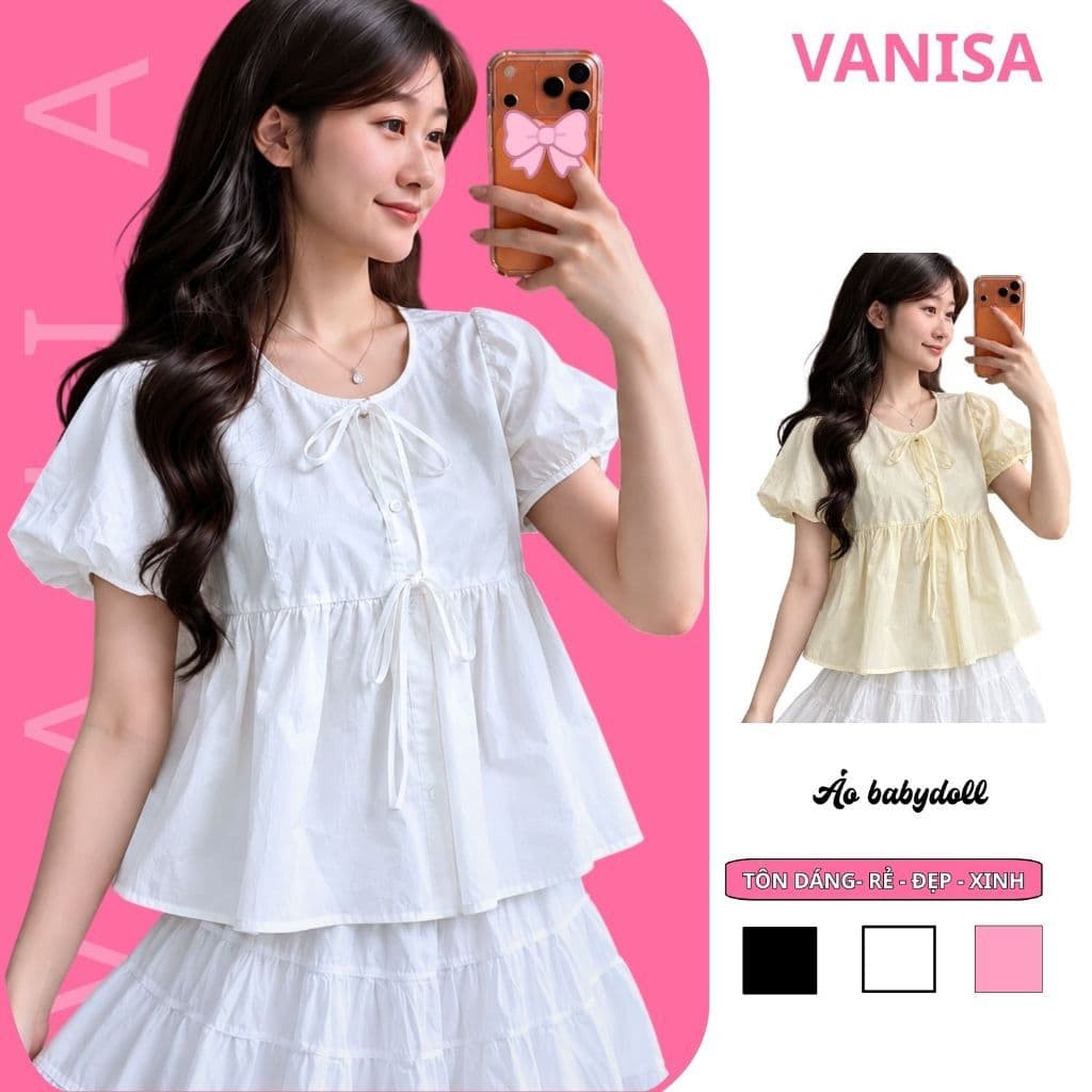 Áo Kiểu Nữ babydoll Vàng Kem Cổ Tròn Phối Nơ Tay Phồng xinh Phong Cách Hàn Quốc VANISA MA2091