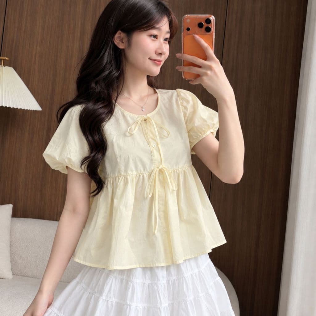 Áo Sơ Mi Babydoll Nữ Thắt Nơ Cổ Tròn Tay Bồng Vàng Pastel VANISA MA2091