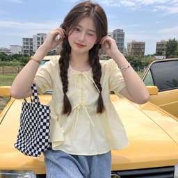 Áo Nữ Kiểu Tiểu Thư babydoll Vàng Pastel Cổ Tròn Tay Phồng dáng xuông Thắt Nơ Xinh Xắn VANISA MA2091 8