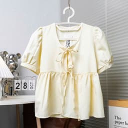 Áo Babydoll kiểu nữ Vàng Kem dáng xuông Tay ngắn Bồng Cổ Tròn Thắt Nơ Nữ Tính VANISA MA2091 5
