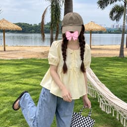 Áo Sơ Mi Babydoll Nữ Thắt Nơ Cổ Tròn Tay Bồng Vàng Pastel VANISA MA2091 8