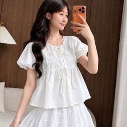 Áo Babydoll kiểu nữ Vàng Kem dáng xuông Tay ngắn Bồng Cổ Tròn Thắt Nơ Nữ Tính VANISA MA2091 2