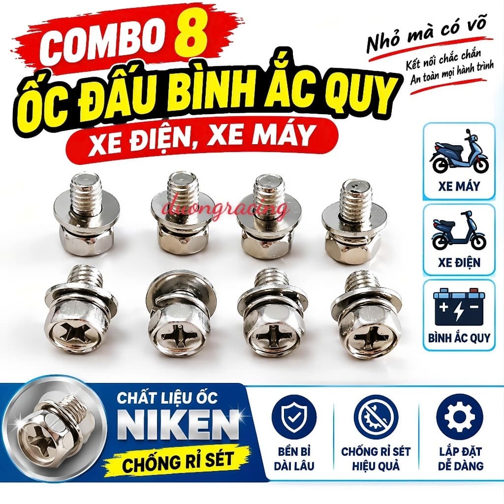 Combo 8 Ốc Đấu Bình Ắc Quy Xe Điện, Xe Máy Chất Liệu Niken Chống Rỉ Sét phụ tùng xe điện