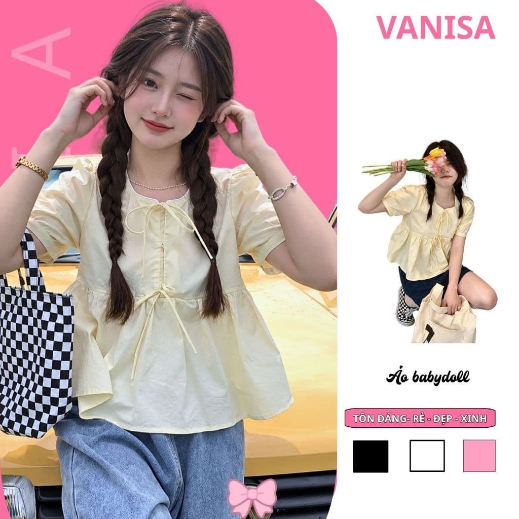 Áo Nữ Kiểu Tiểu Thư babydoll Vàng Pastel Cổ Tròn Tay Phồng dáng xuông Thắt Nơ Xinh Xắn VANISA MA2091