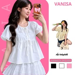 Áo Babydoll kiểu nữ Vàng Kem dáng xuông Tay ngắn Bồng Cổ Tròn Thắt Nơ Nữ Tính VANISA MA2091 1