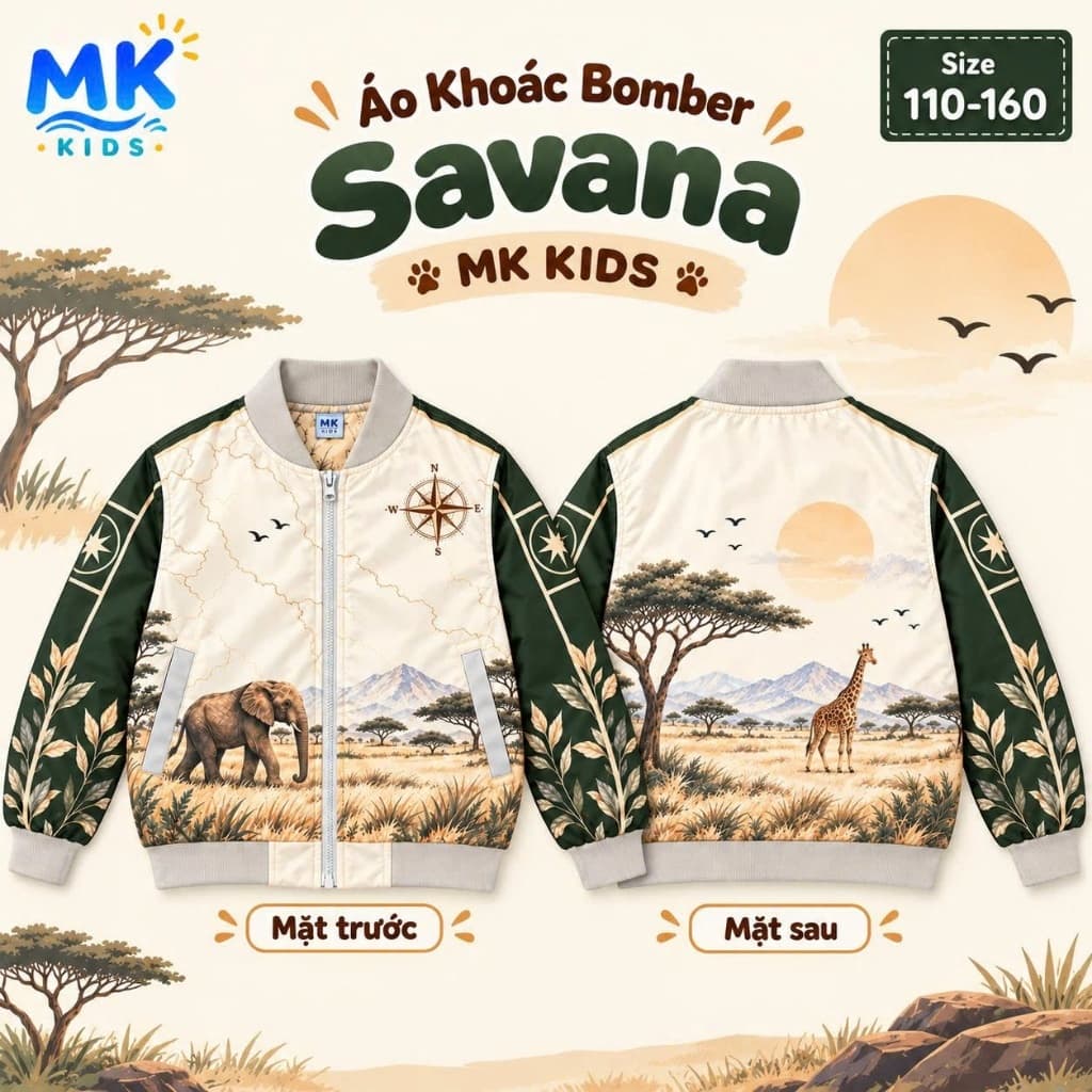 Áo Khoác Gió Bomber Bé Trai Savana MK Kids Họa Tiết Cá Tính Giữ Ấm - Nhẹ Phong Cách Năng Động Đi Chơi 2-10 Tuổi