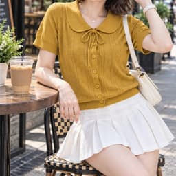 Áo Len Mongtoghi Nữ Cộc Tay Cổ Sen Thắt Nơ - Áo Dệt Kim Mỏng Cài Cúc Họa Tiết Lỗ Thoáng Khí Dáng Trẻ 8 Màu (50-60kg) 5