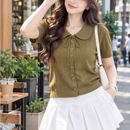 Áo Len Mongtoghi Nữ Cộc Tay Cổ Sen Thắt Nơ - Áo Dệt Kim Mỏng Cài Cúc Họa Tiết Lỗ Thoáng Khí Dáng Trẻ 8 Màu (50-60kg) 6