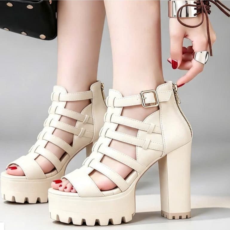 Giày Cao Gót Nữ 9cm Sandal 2 Khóa Dây Đan Đế Vuông Sang Chảnh