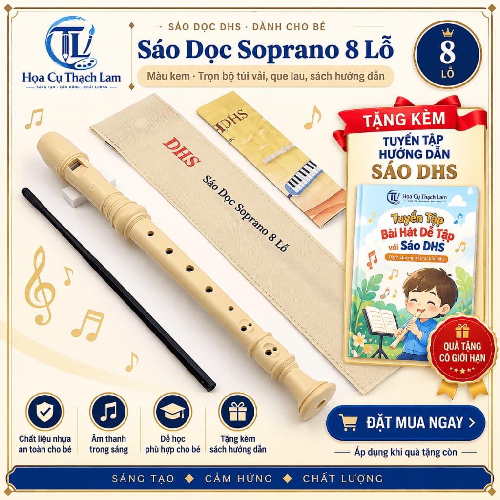 [Tặng sách tập thổi]Sáo Dọc Soprano DHS 8 Lỗ Cho Bé Màu Kem Tháo Rời 3 Đoạn Kèm Túi Vải Que Lau