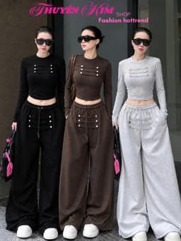 Set công sở thời trang nữ Hottrend 2027 áo Thun croptop tay dài phối nút hoàng gia mix quần dài ống rộng_MK 1