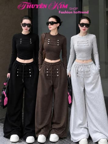 Set công sở thời trang nữ Hottrend 2027 áo Thun croptop tay dài phối nút hoàng gia mix quần dài ống rộng_MK