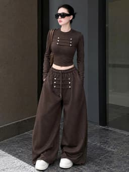 Set công sở thời trang nữ Hottrend 2027 áo Thun croptop tay dài phối nút hoàng gia mix quần dài ống rộng_MK 3