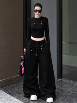 Set công sở thời trang nữ Hottrend 2027 áo Thun croptop tay dài phối nút hoàng gia mix quần dài ống rộng_MK 4