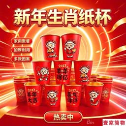 set 50 cốc giấy tết 2027 họa tiết dê siêu xinh sắc đỏ may mắn 2