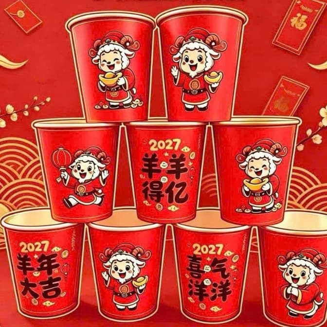 set 50 cốc giấy tết 2027 họa tiết dê siêu xinh sắc đỏ may mắn