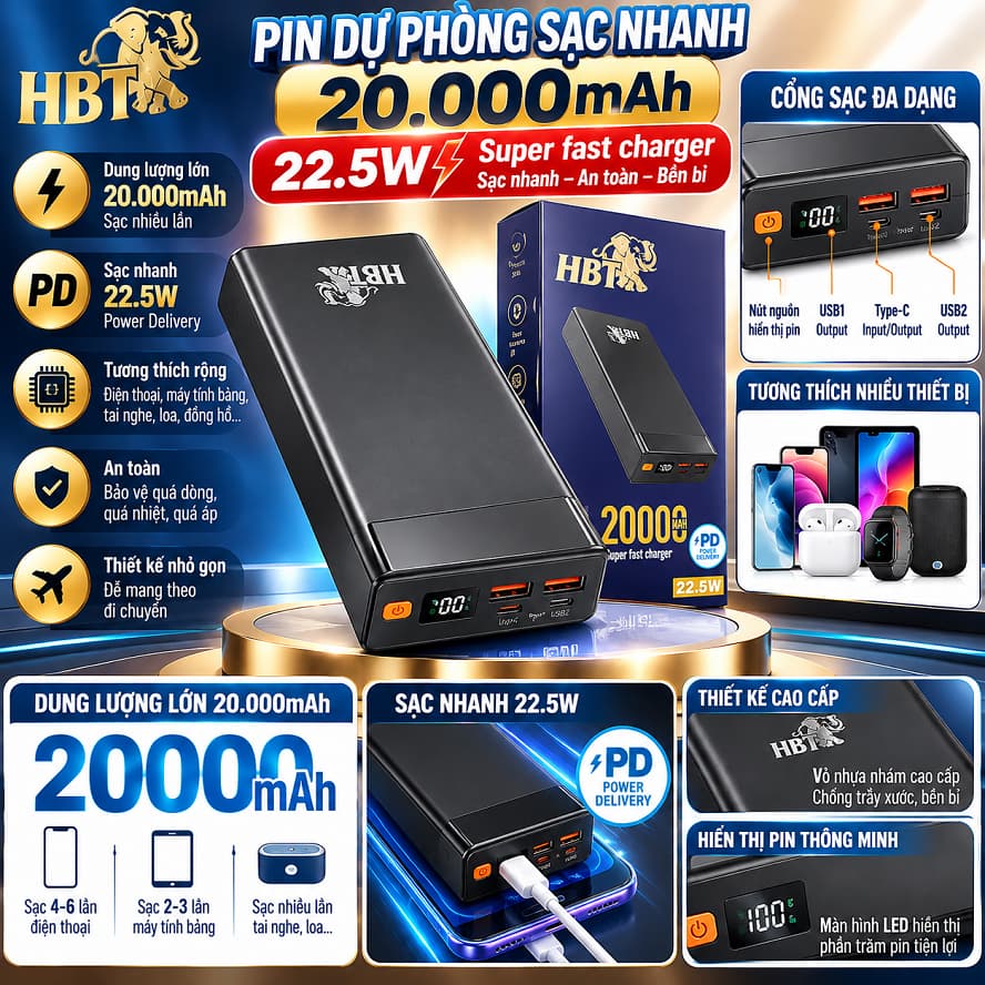 Pin dự phòng sạc nhanh 22.5W HBT HB-T35 20.000mah và RPP-683 10.000mah/ RPP-686 20.000mah/ Romoss PAC20 20.000mah