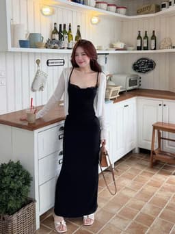 Set đầm dài thiết kế, Đầm thu đông BoZip 2 dây phối Ren QC có mút kèm áo khoác Thun Giấy tôn dáng đi chơi dạo phố_QC 3