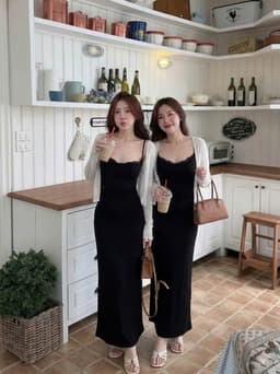 Set đầm dài thiết kế, Đầm thu đông BoZip 2 dây phối Ren QC có mút kèm áo khoác Thun Giấy tôn dáng đi chơi dạo phố_QC 5