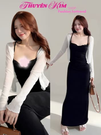 Set đầm dài thiết kế, Đầm thu đông BoZip 2 dây phối Ren QC có mút kèm áo khoác Thun Giấy tôn dáng đi chơi dạo phố_QC