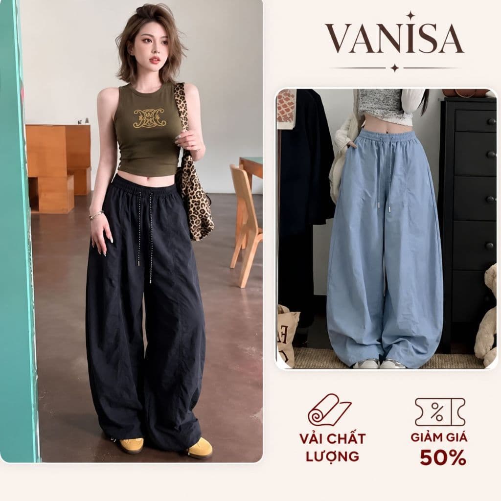 Quần Dài Kiểu Nữ Kaki Ống Rộng Cạp Chun Dây Rút suông che chân Tôn Dáng nâu đen kem VANISA QD95