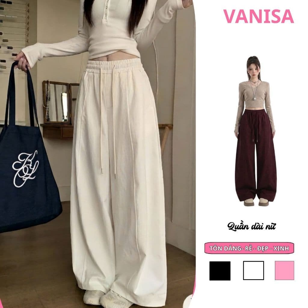 Quần Dài Nữ Kaki Thun Hè Ống Rộng Cạp Chun Co Giãn có túi nâu đen kem Thoải Mái VANISA QD95
