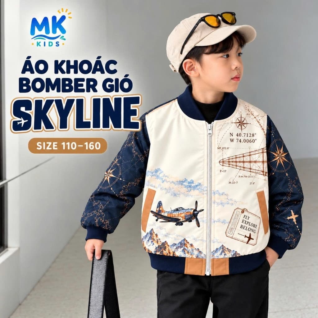 Áo Khoác Gió Bomber Bé Trai Skyline MK Kids Họa Tiết Cá Tính Chống Gió Giữ Ấm Nhẹ Phong Cách Năng Động 2-10 Tuổi