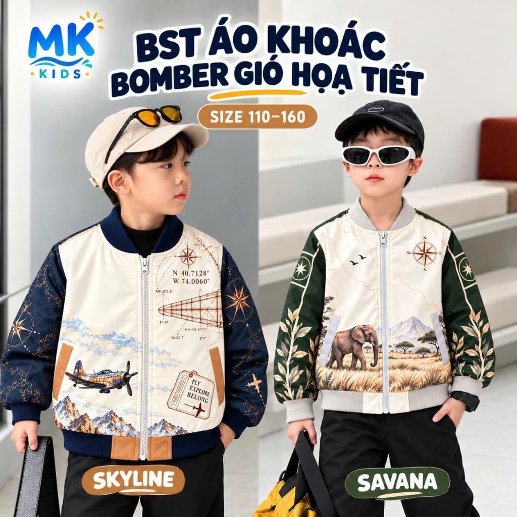 Áo Khoác Gió Bomber Bé Trai MK Kids Họa Tiết Cá Tính - Chống Gió Giữ Ấm Nhẹ Phong Cách Năng Động 2-10 Tuổi