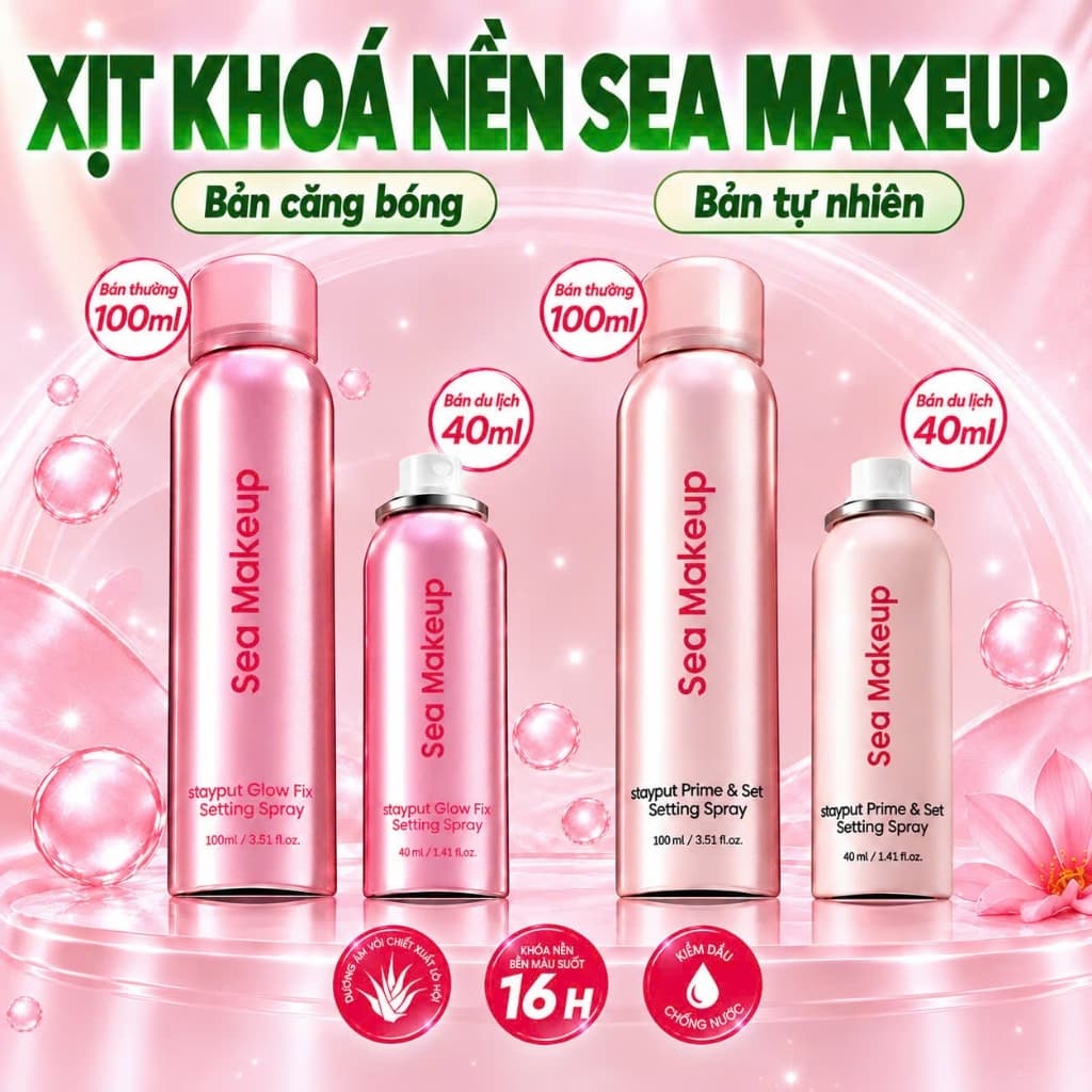 Xịt khoá nền SEA MAKEUP Setting Spray tạo hiệu ứng căng bóng, dưỡng ẩm lâu trôi và hiệu quả lì mịn 40ml/100ml