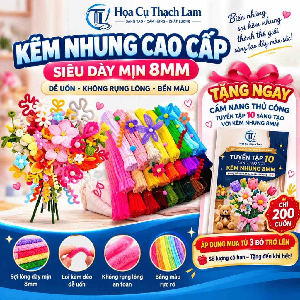 [ Tặng Sách Tập Làm Bông] Kẽm Nhung Làm Hoa Dày 8mm Siêu Khít  Lông Mịn Không Rụng Màu Pastel DIY