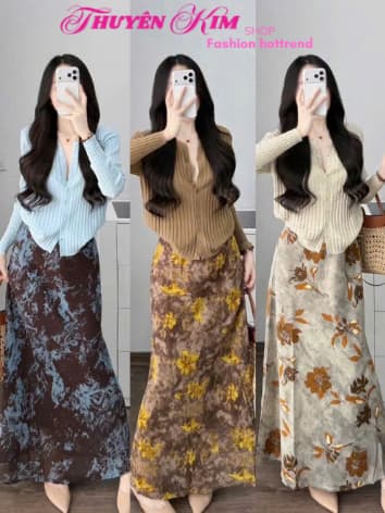 Set váy dài, set áo tay dài cài nút chất Thun Tăm Đũi trẻ trung phối chân váy Lụa Hoa 2 lớp dáng dài_QC
