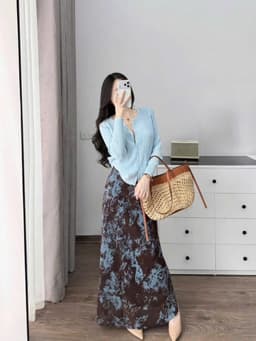 Set váy dài, set áo tay dài cài nút chất Thun Tăm Đũi trẻ trung phối chân váy Lụa Hoa 2 lớp dáng dài_QC 8