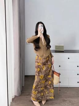 Set váy dài, set áo tay dài cài nút chất Thun Tăm Đũi trẻ trung phối chân váy Lụa Hoa 2 lớp dáng dài_QC 2