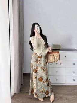 Set váy dài, set áo tay dài cài nút chất Thun Tăm Đũi trẻ trung phối chân váy Lụa Hoa 2 lớp dáng dài_QC 4