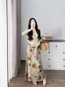 Set váy dài, set áo tay dài cài nút chất Thun Tăm Đũi trẻ trung phối chân váy Lụa Hoa 2 lớp dáng dài_QC 3