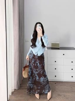 Set váy dài, set áo tay dài cài nút chất Thun Tăm Đũi trẻ trung phối chân váy Lụa Hoa 2 lớp dáng dài_QC 5