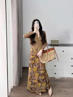 Set váy dài, set áo tay dài cài nút chất Thun Tăm Đũi trẻ trung phối chân váy Lụa Hoa 2 lớp dáng dài_QC 7
